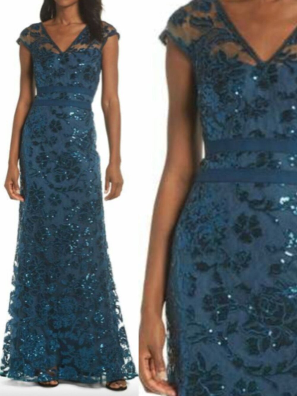 Tadashi Shoji Teal Sequin Floral Embroidered Maxi Dress
